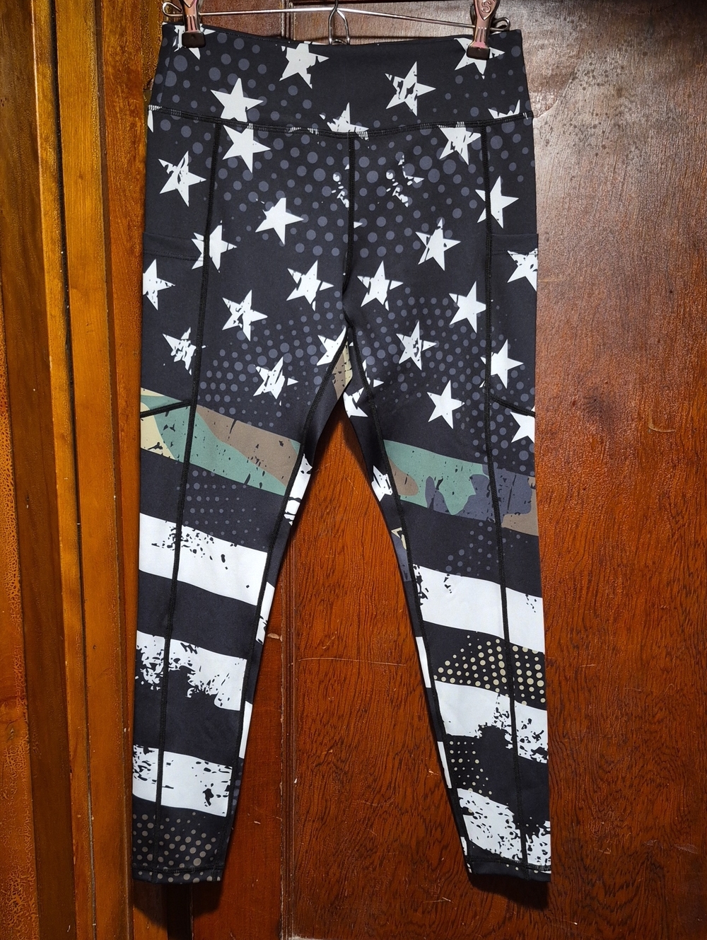 Curvs N Combat BootsStar & Stripe Printed Leggings Black/White with Green Accent